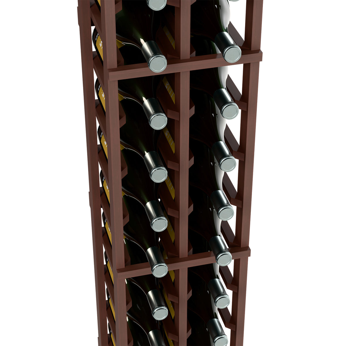 Two-column magnum rack close-up, dark wood slots with magnum bottles