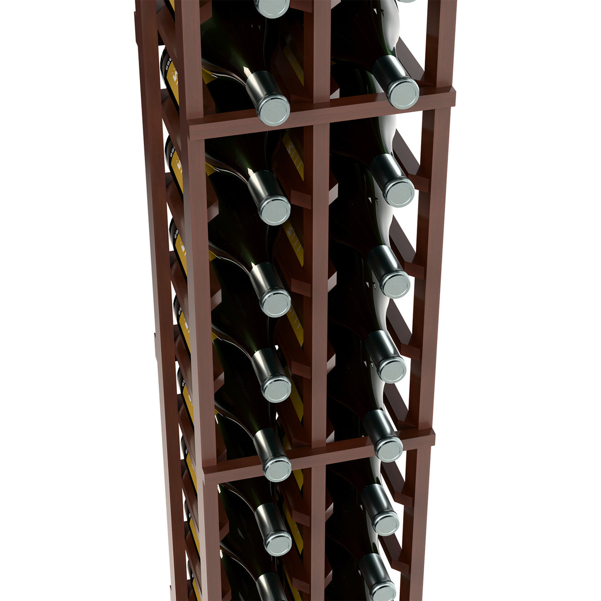 Two-column magnum wine bottle rack close-up, dark wood frame with bottle necks
