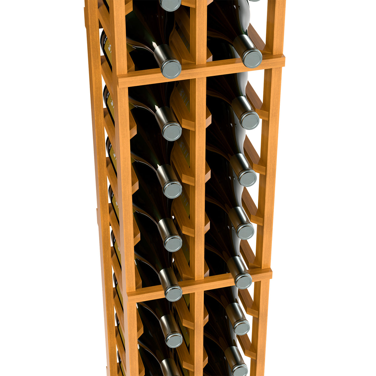 Two-column magnum wine bottle rack close-up, light wood frame and bottle bases