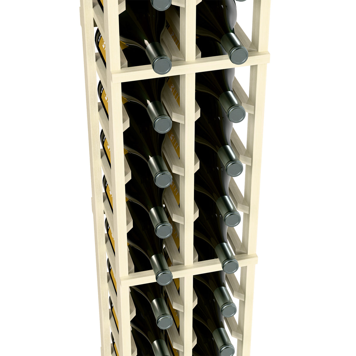 Two-column magnum wine bottle rack close-up, white wood frame with bottle necks
