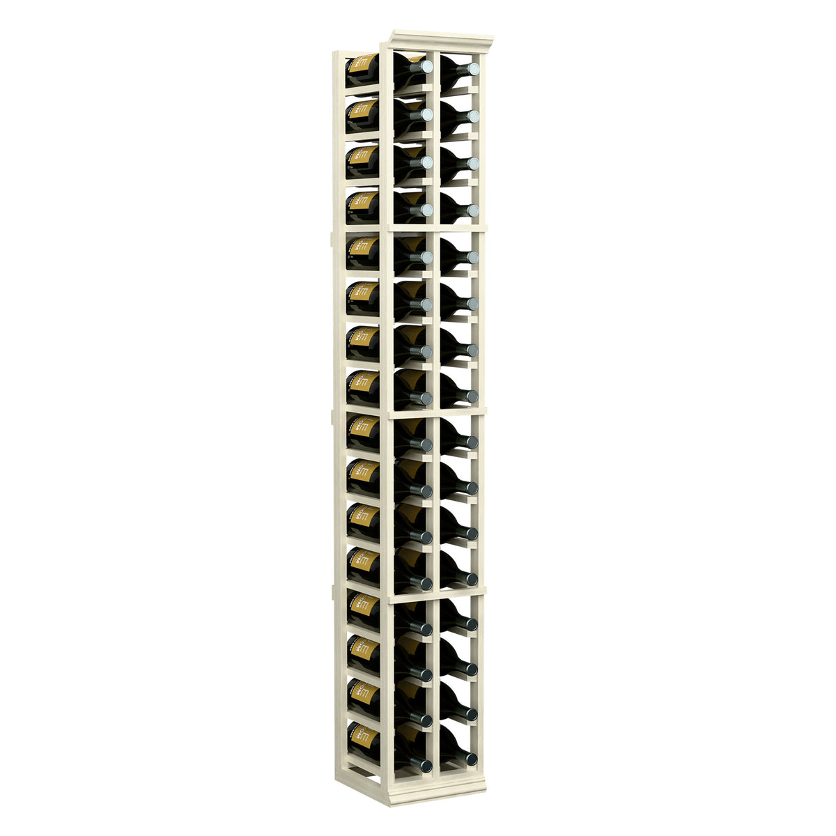 Two-column magnum wine bottle rack, white-painted wood frame with bottle storage