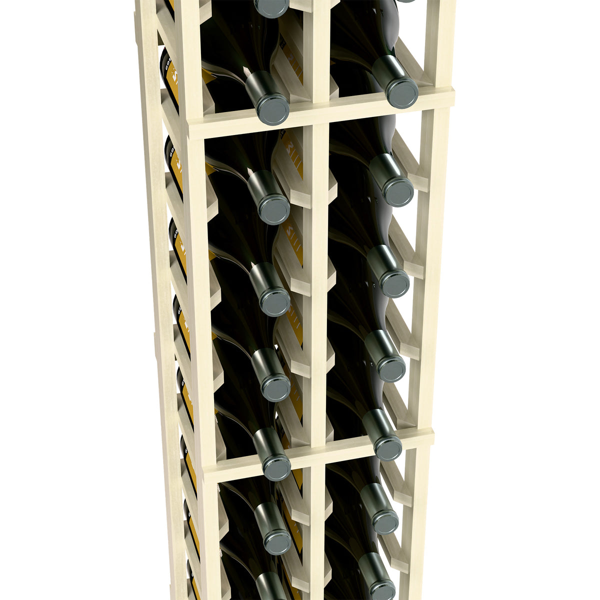Two-column magnum wine bottle rack close-up, white wood frame and bottle bases
