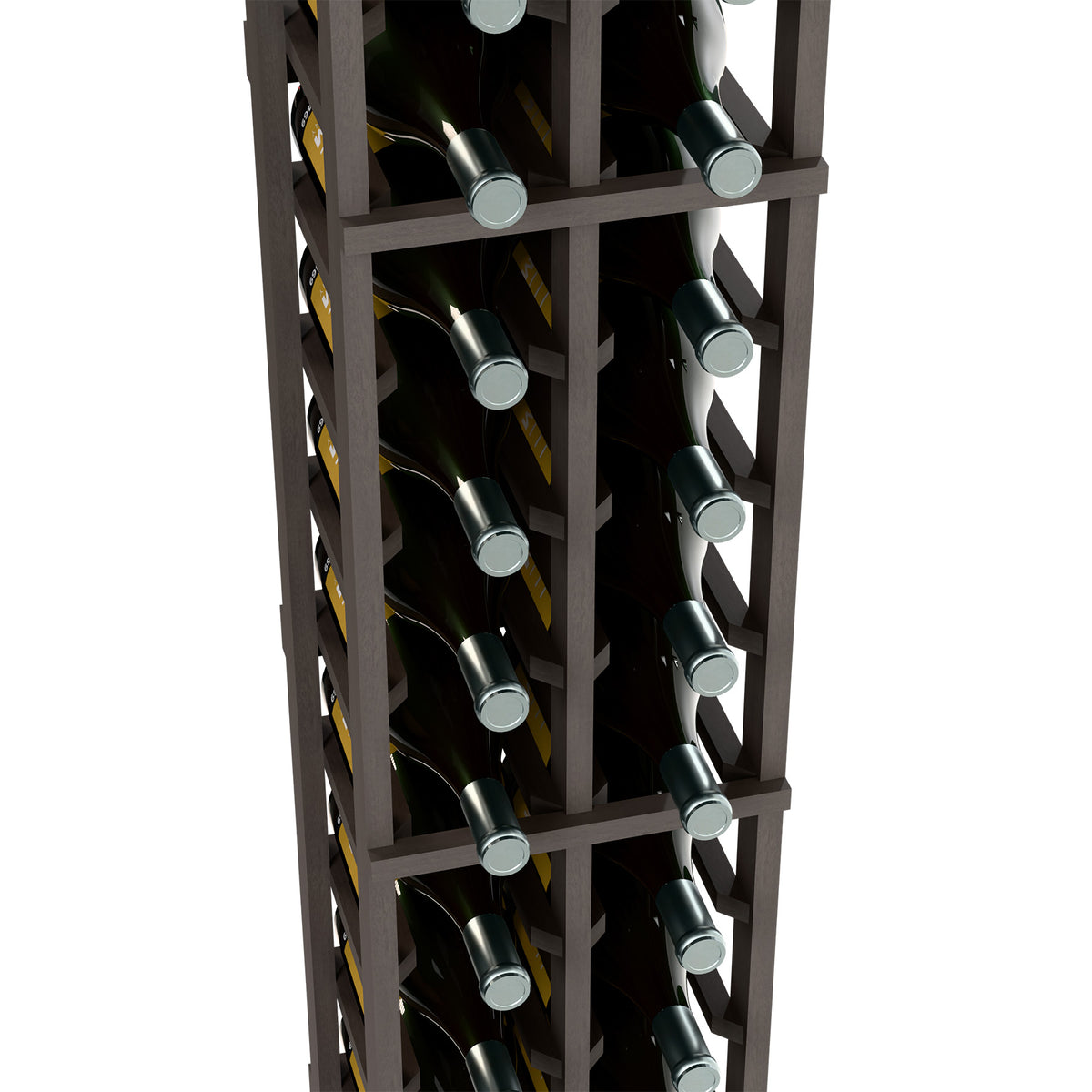 Two-column wine bottle rack with dark gray wooden cells, bottle necks and caps visible