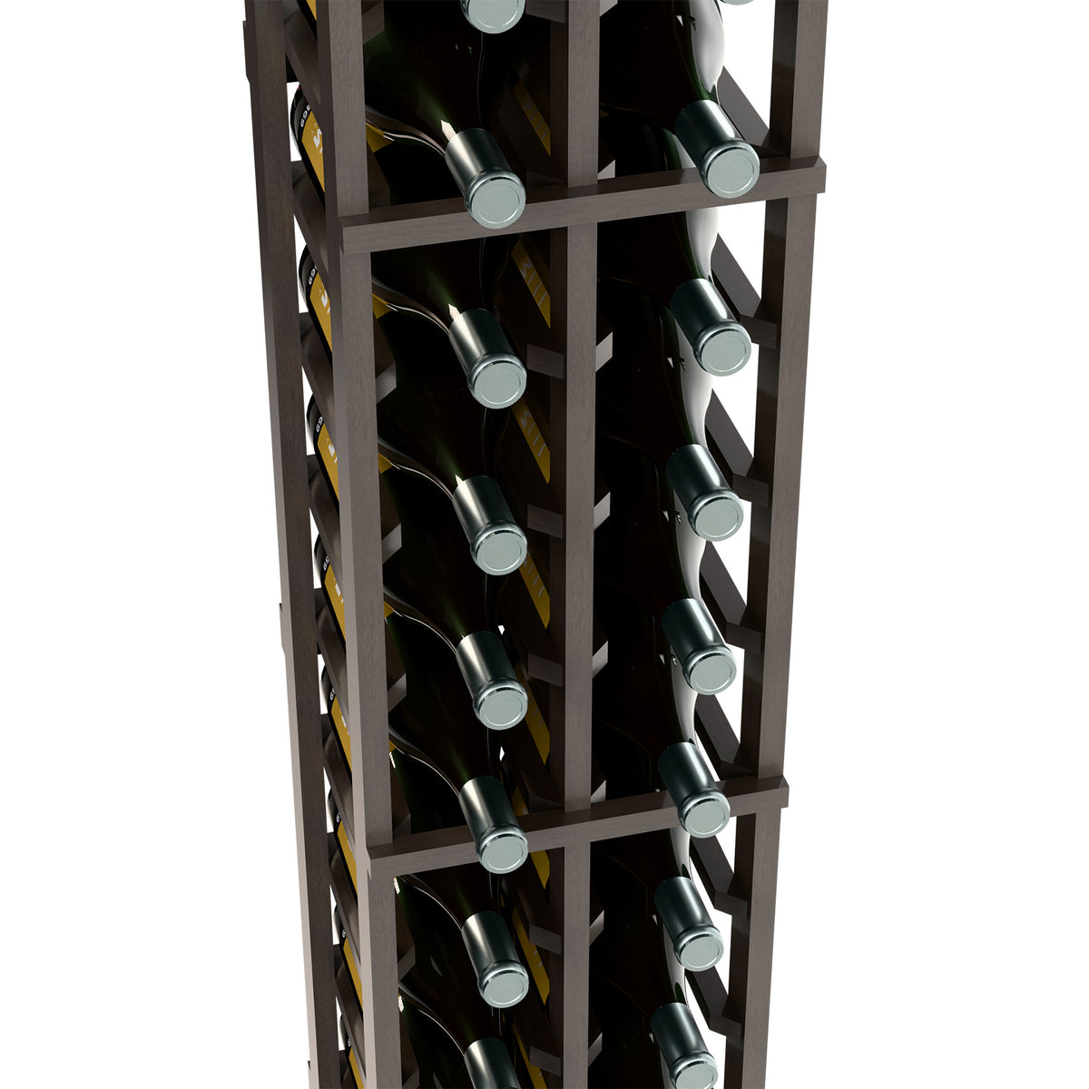 Two-column wine bottle rack with dark gray frame, close-up of bottle necks and caps