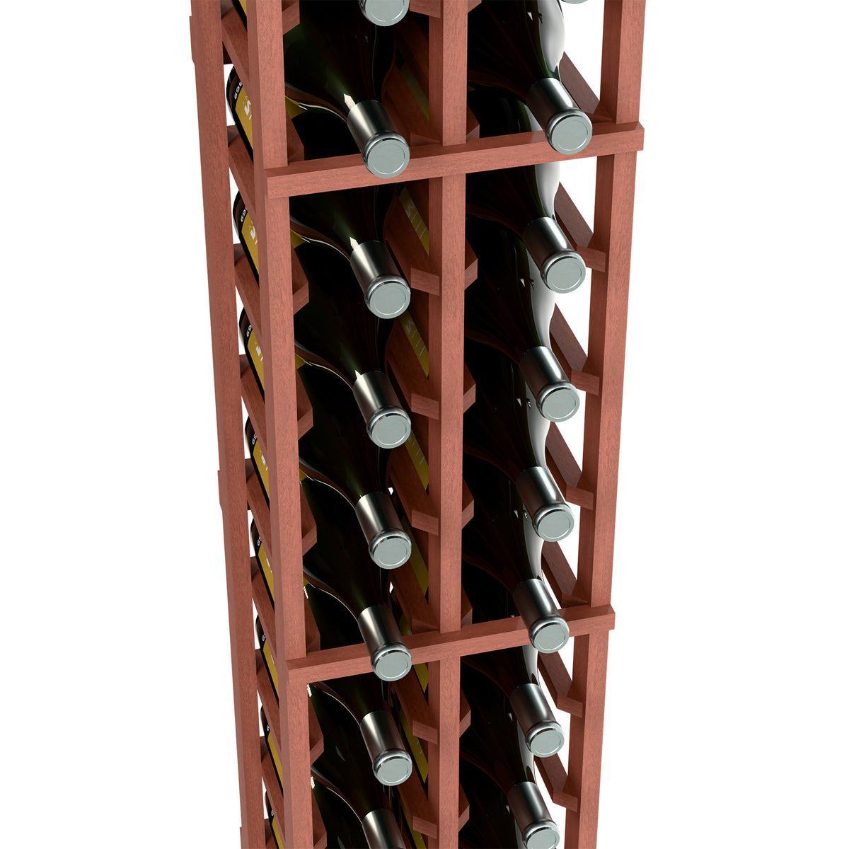 Two-column wine bottle rack with reddish wooden cells, bottle necks and caps visible