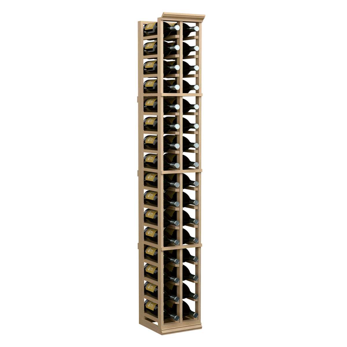Two-column wine bottle rack in light wood with two rows, bottle caps visible