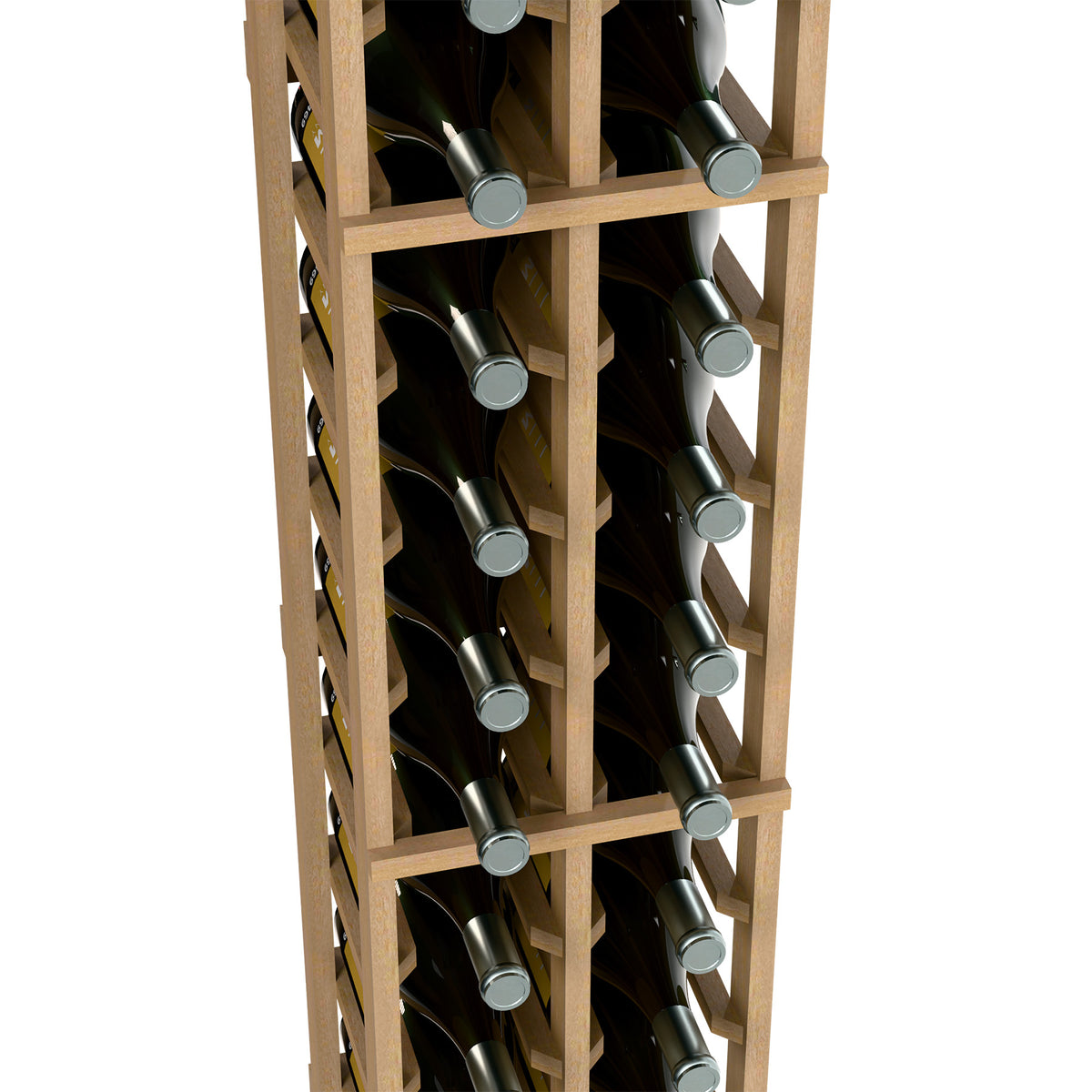 Two-column wine bottle rack with light wood frame, close-up of bottle necks and caps