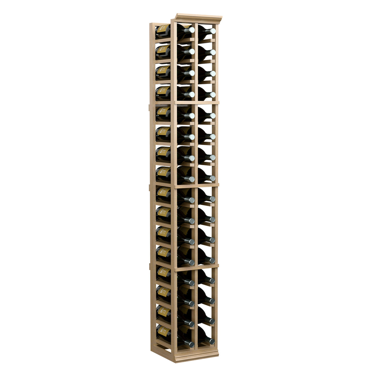2-column wine bottle rack, tall wood frame with hinged bottle holders, holds many bottles