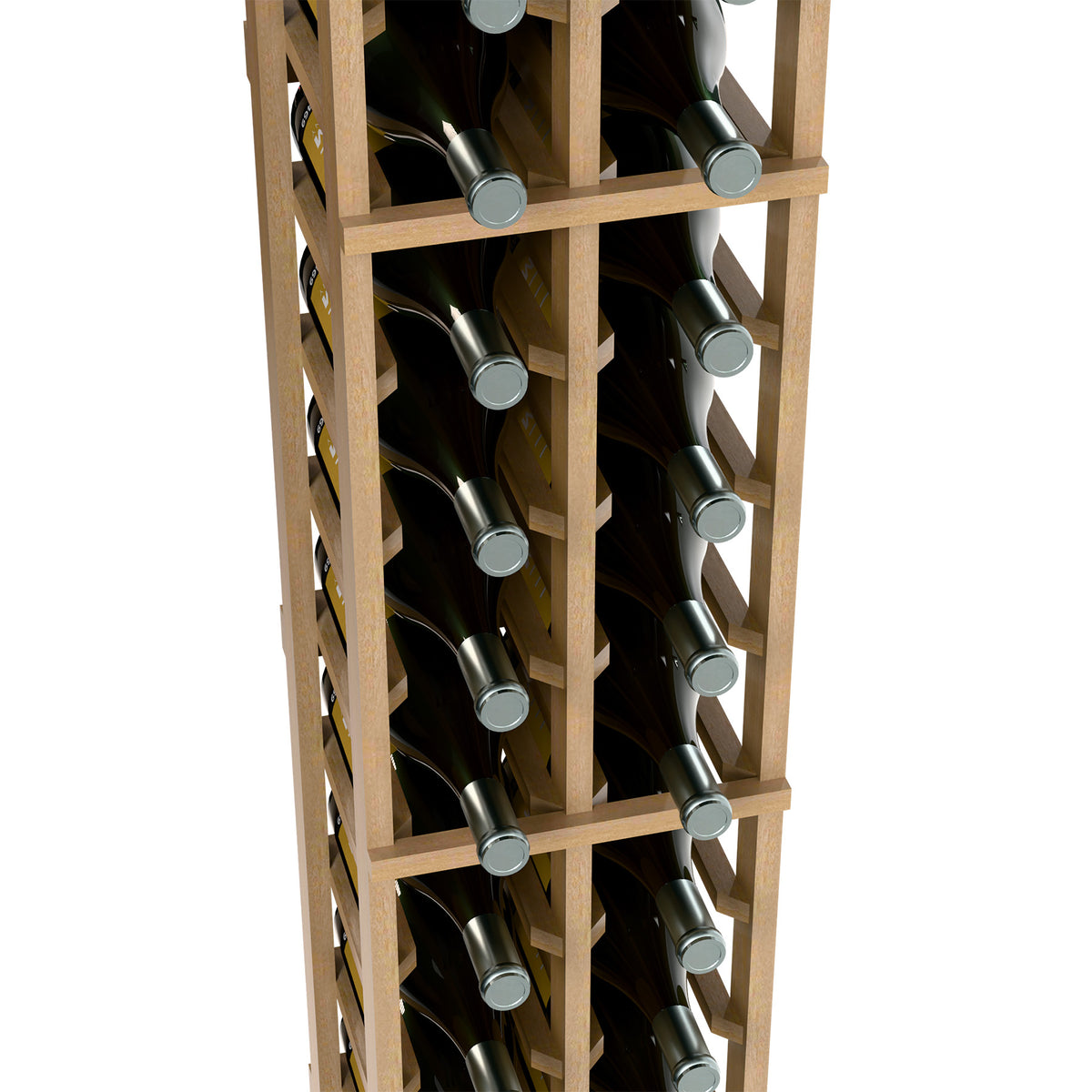 2-column wine bottle rack interior with bottle neck holders in a light wood frame