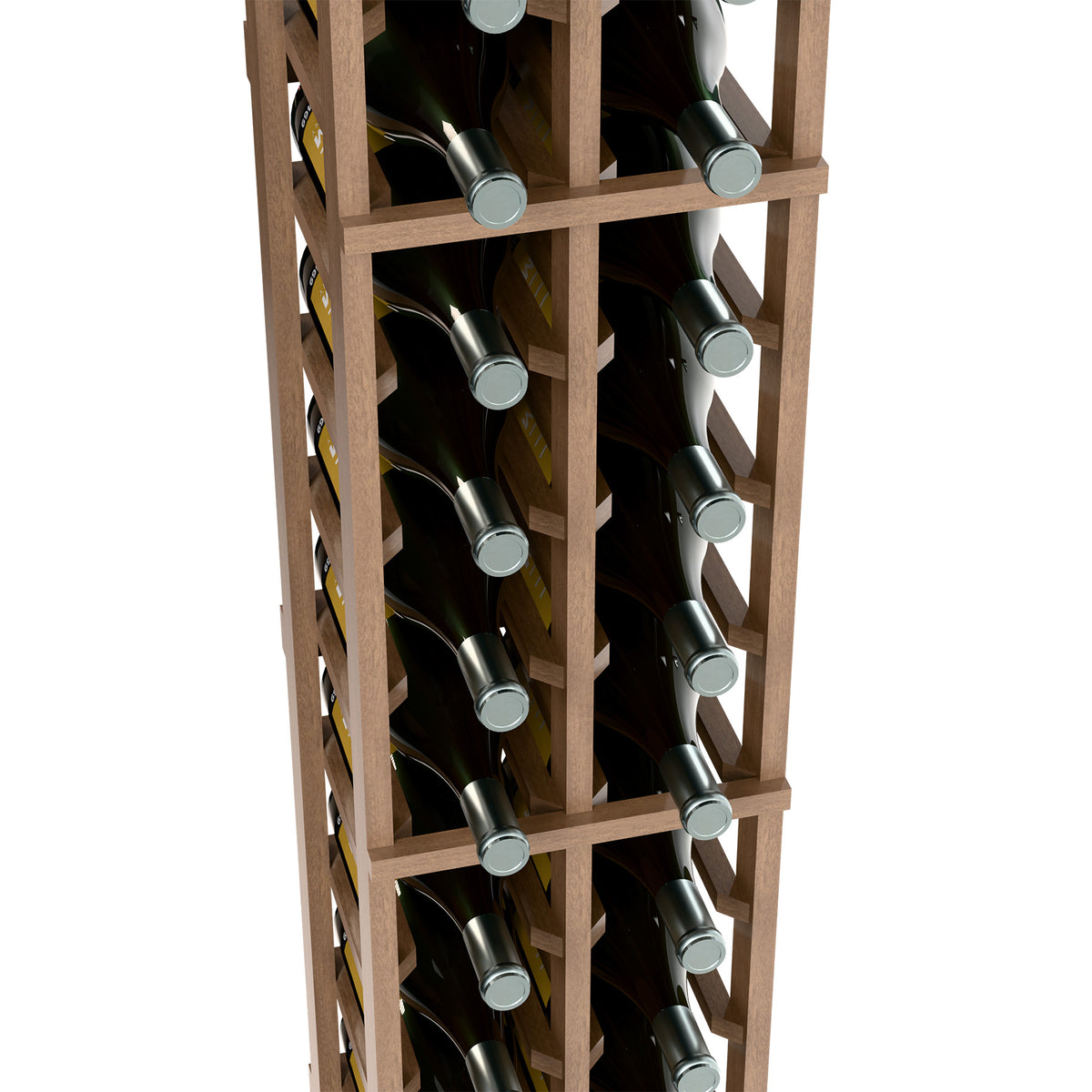 2-column wine bottle rack interior with bottle holders and light wood frame dividers