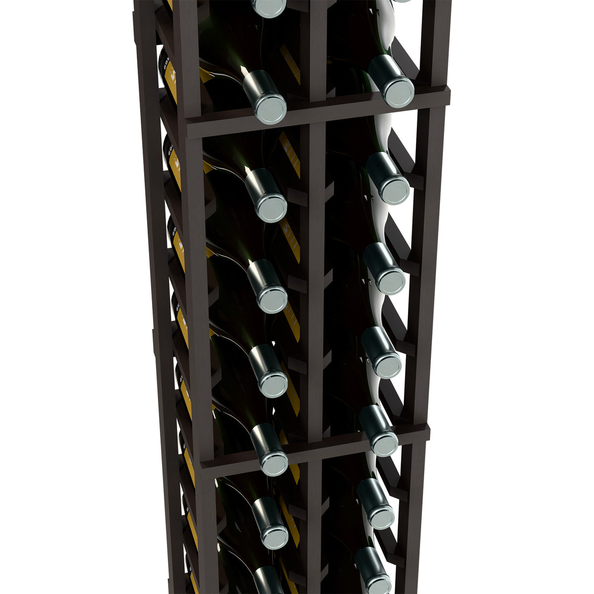 2-column wine bottle rack interior with bottle holders in a dark wood frame