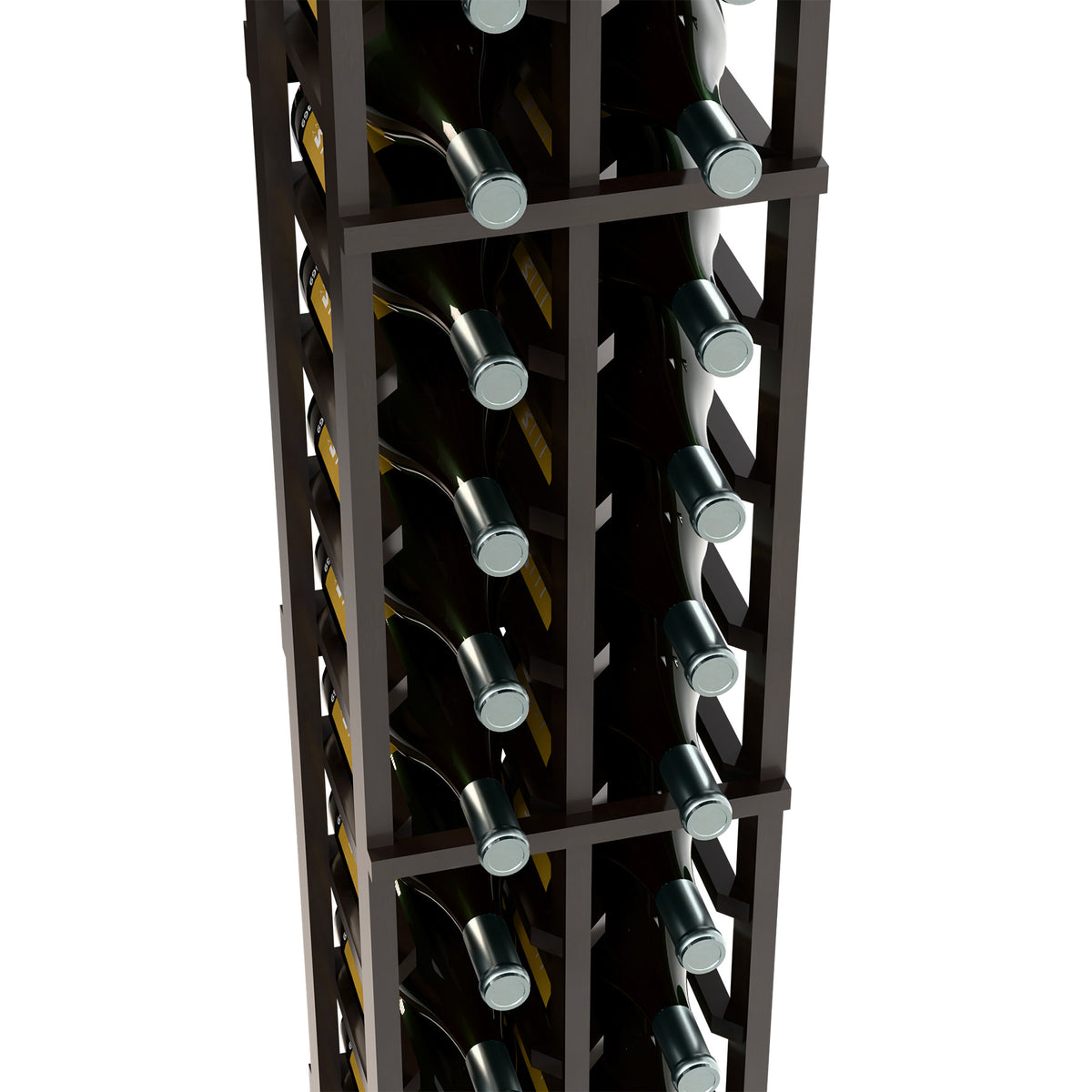 2-column wine bottle rack interior showing bottle holders in a dark stained wood frame