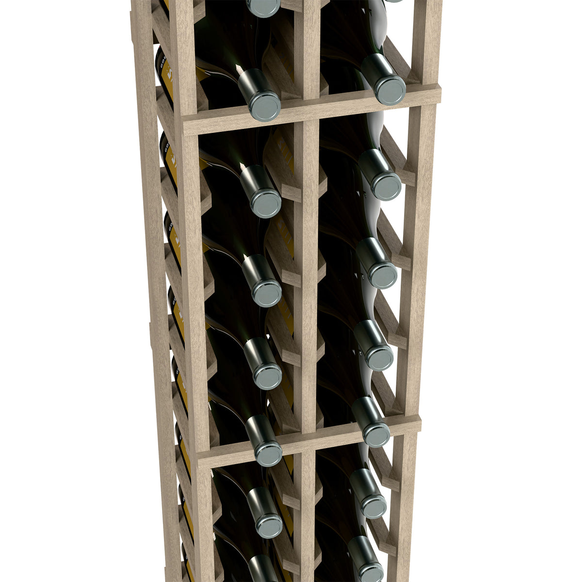 Two-column magnum wine rack close-up, wooden dividers holding dark bottles