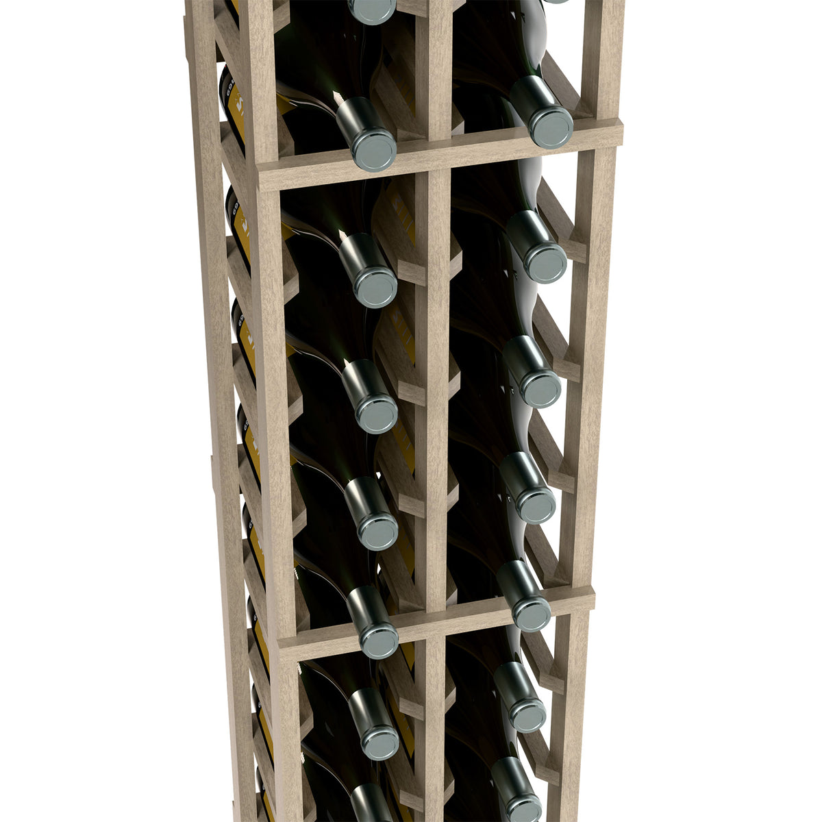 Two-column magnum wine rack close-up, light wood shelves holding dark bottles