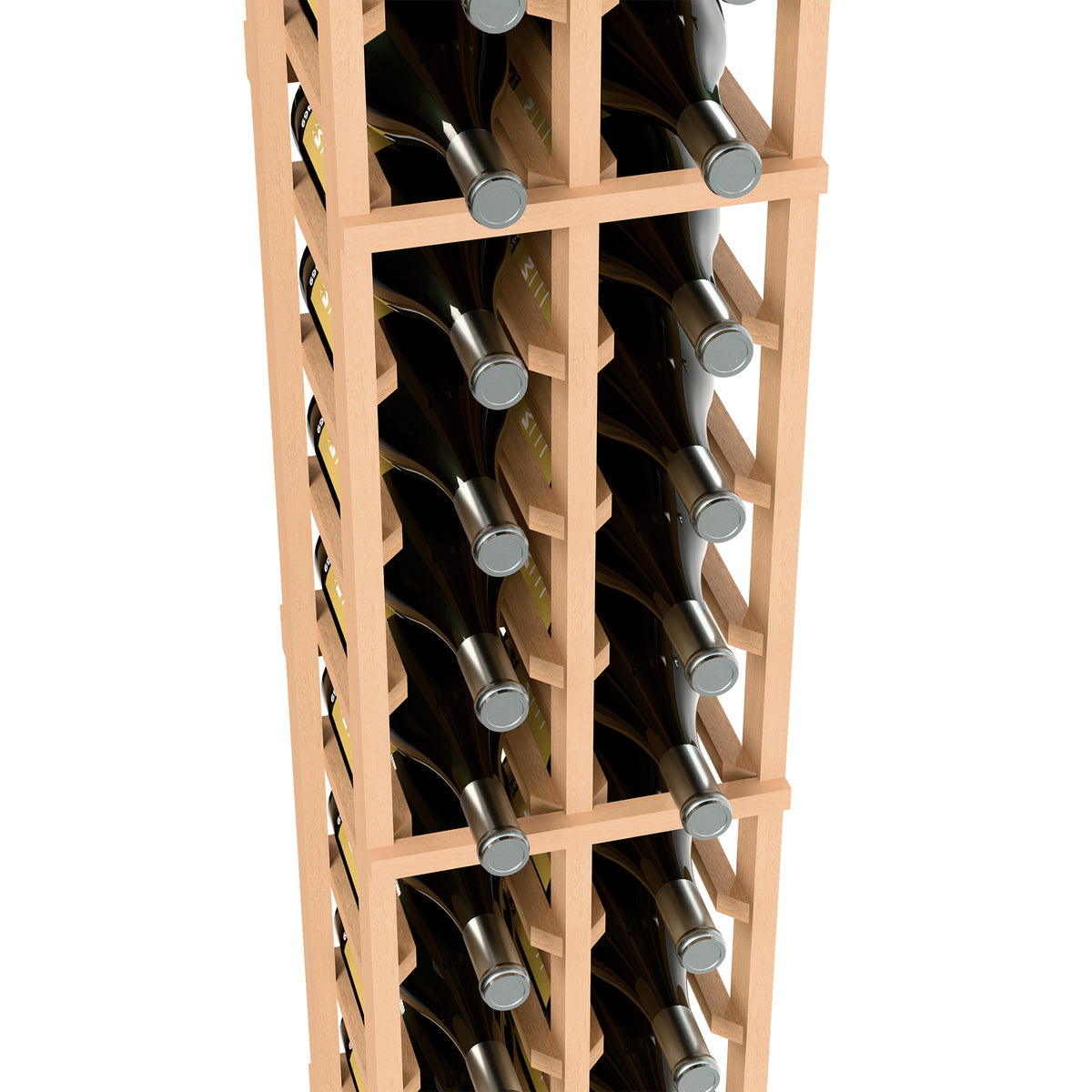 Two-column magnum wine rack close-up, honey wood dividers holding dark bottles