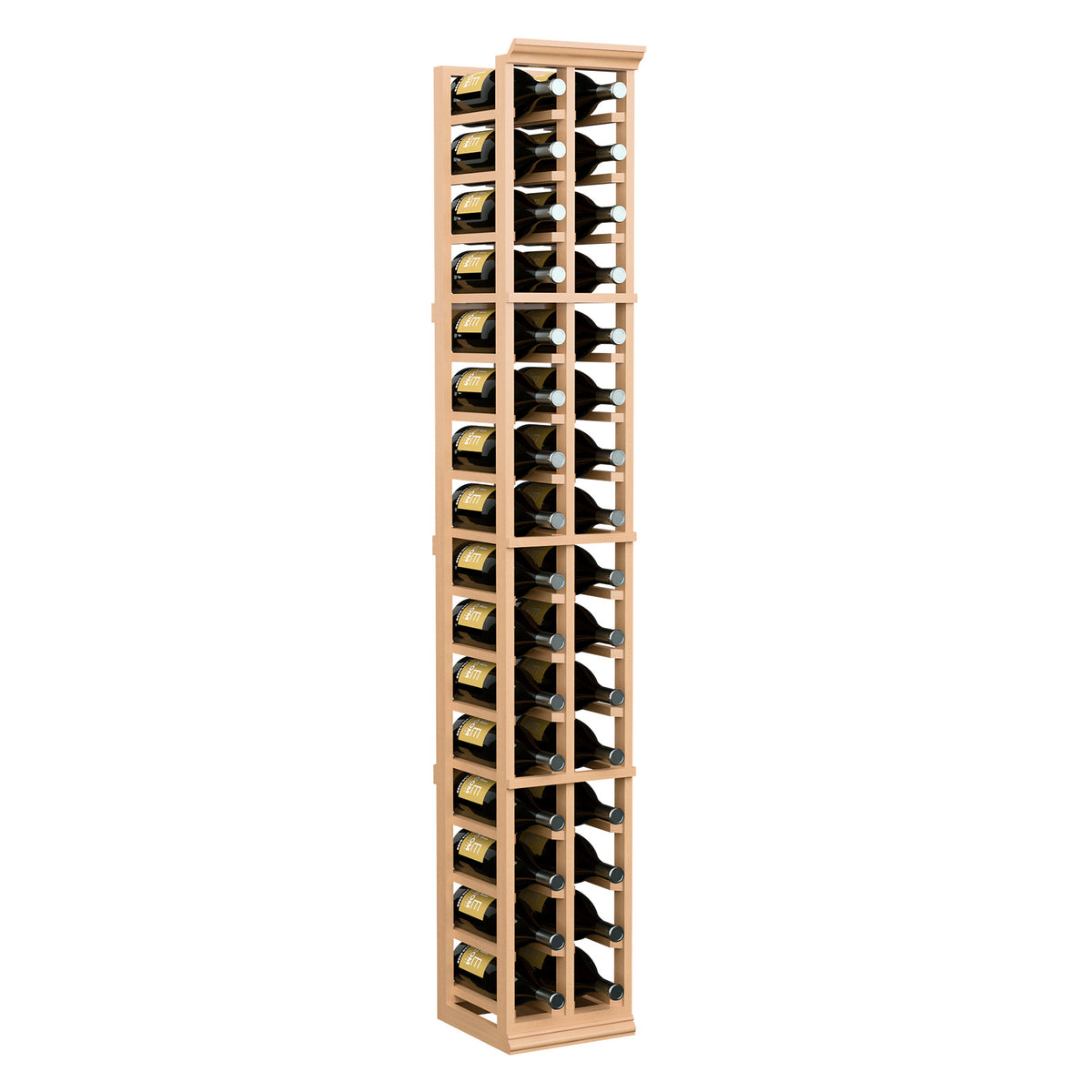 Two-column magnum wine bottle rack, light wood frame with stacked bottle positions