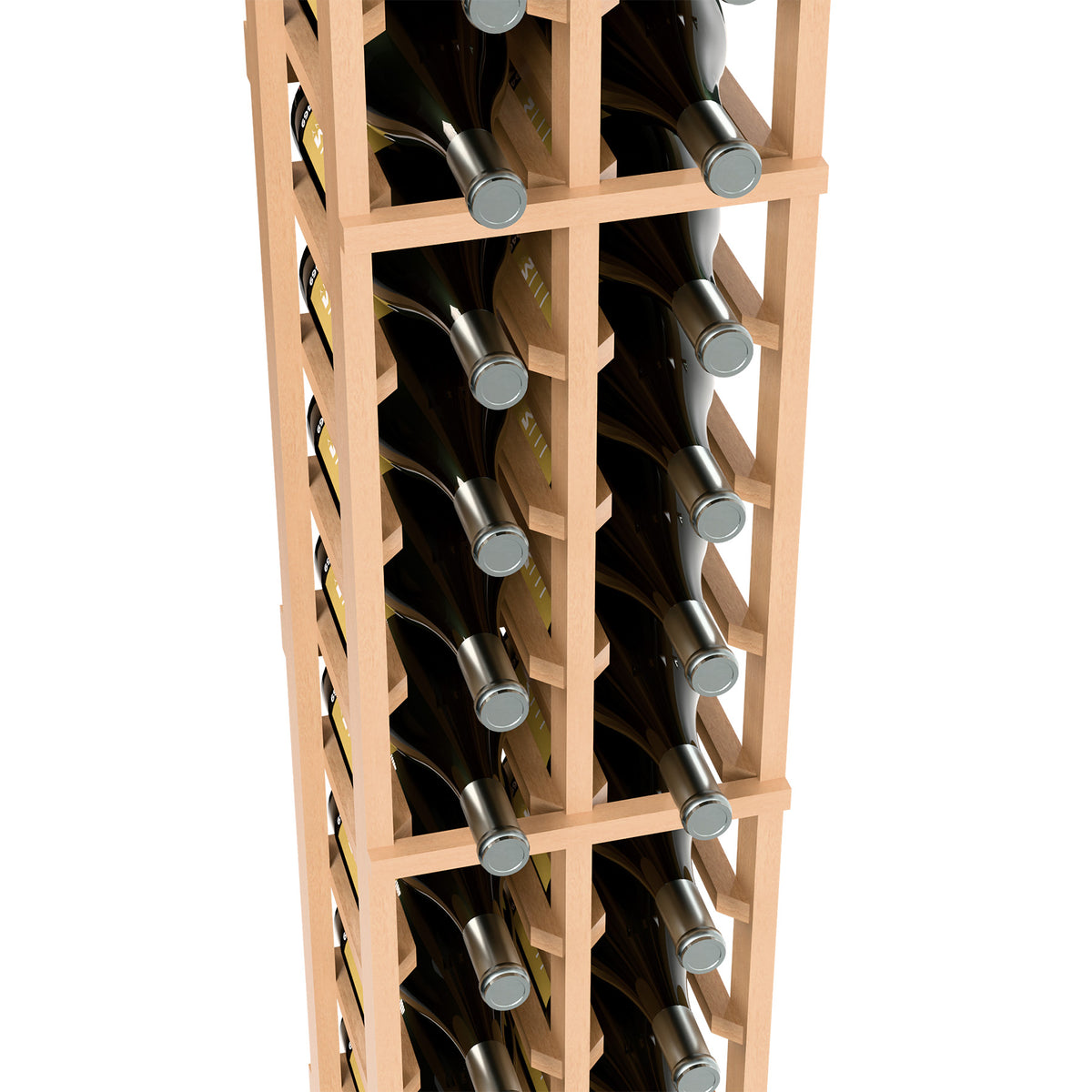 Two-column magnum wine rack close-up, pale wood dividers holding magnum bottles
