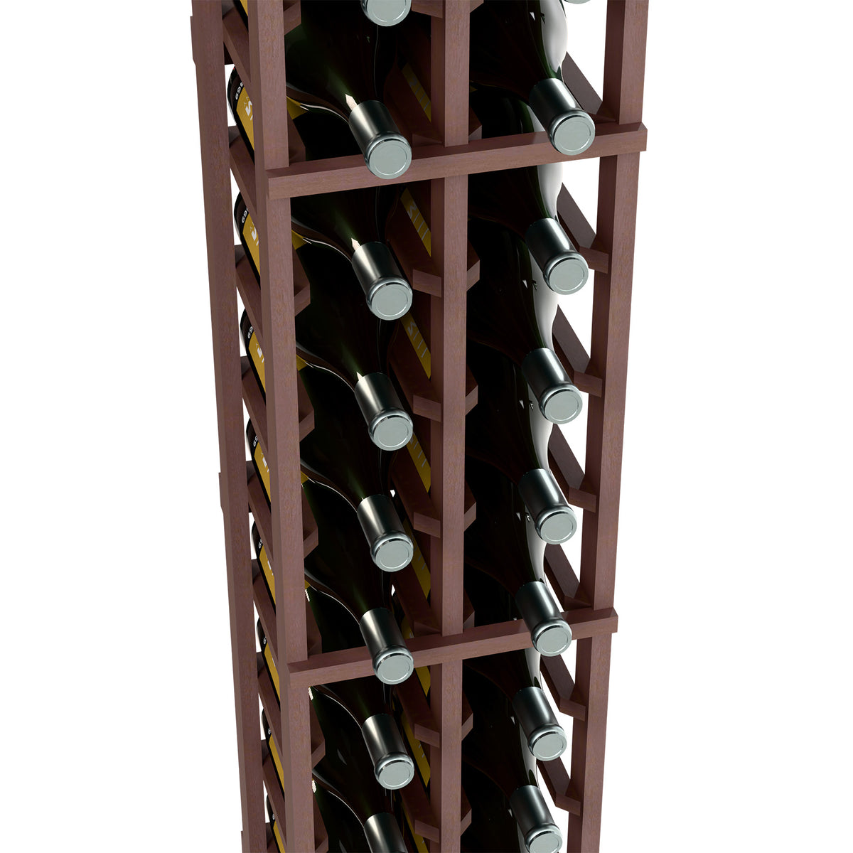 Two-column magnum wine rack close-up, dark stained wood holding dark bottles