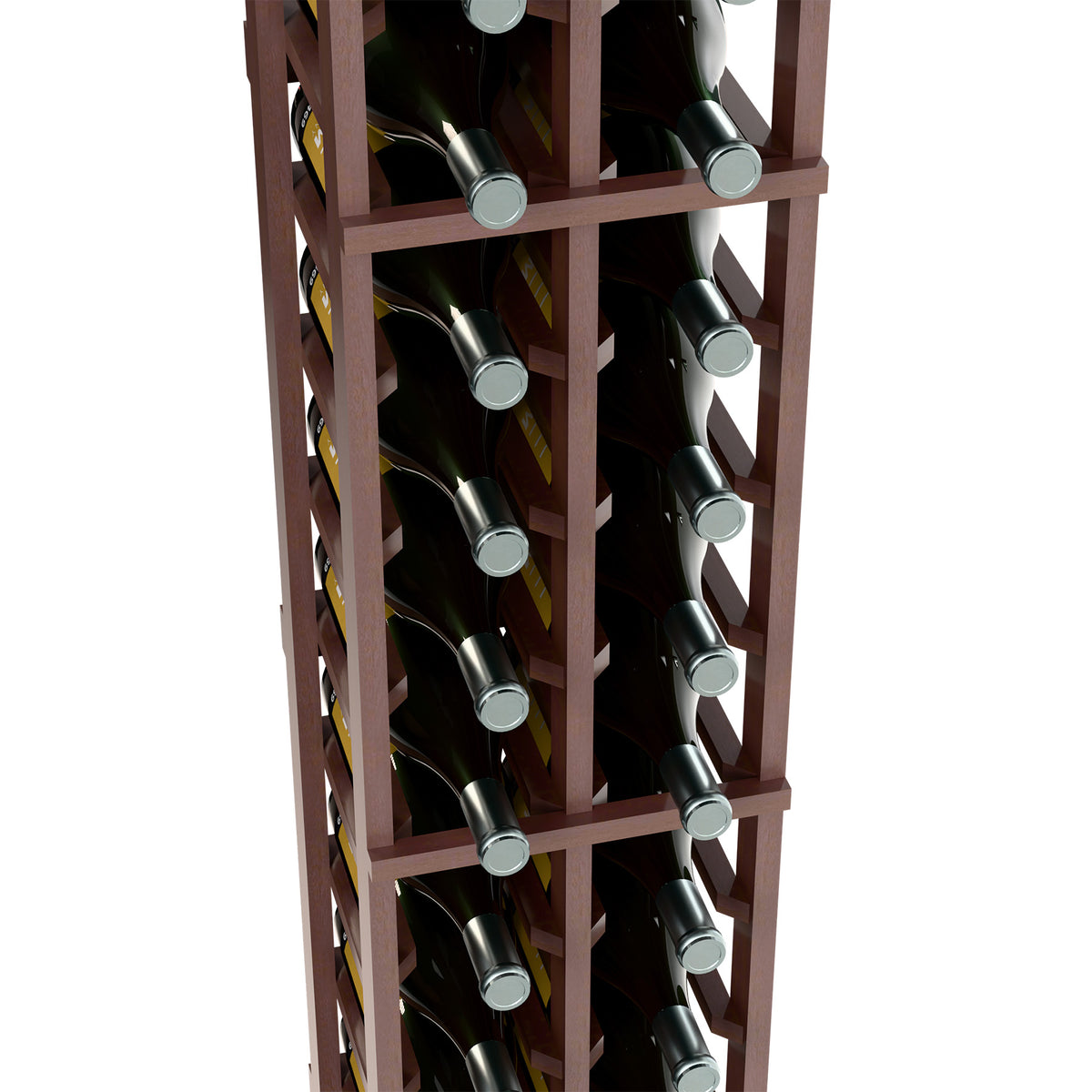 Two-column magnum wine bottle rack close-up, dark wood grid holding magnum bottles