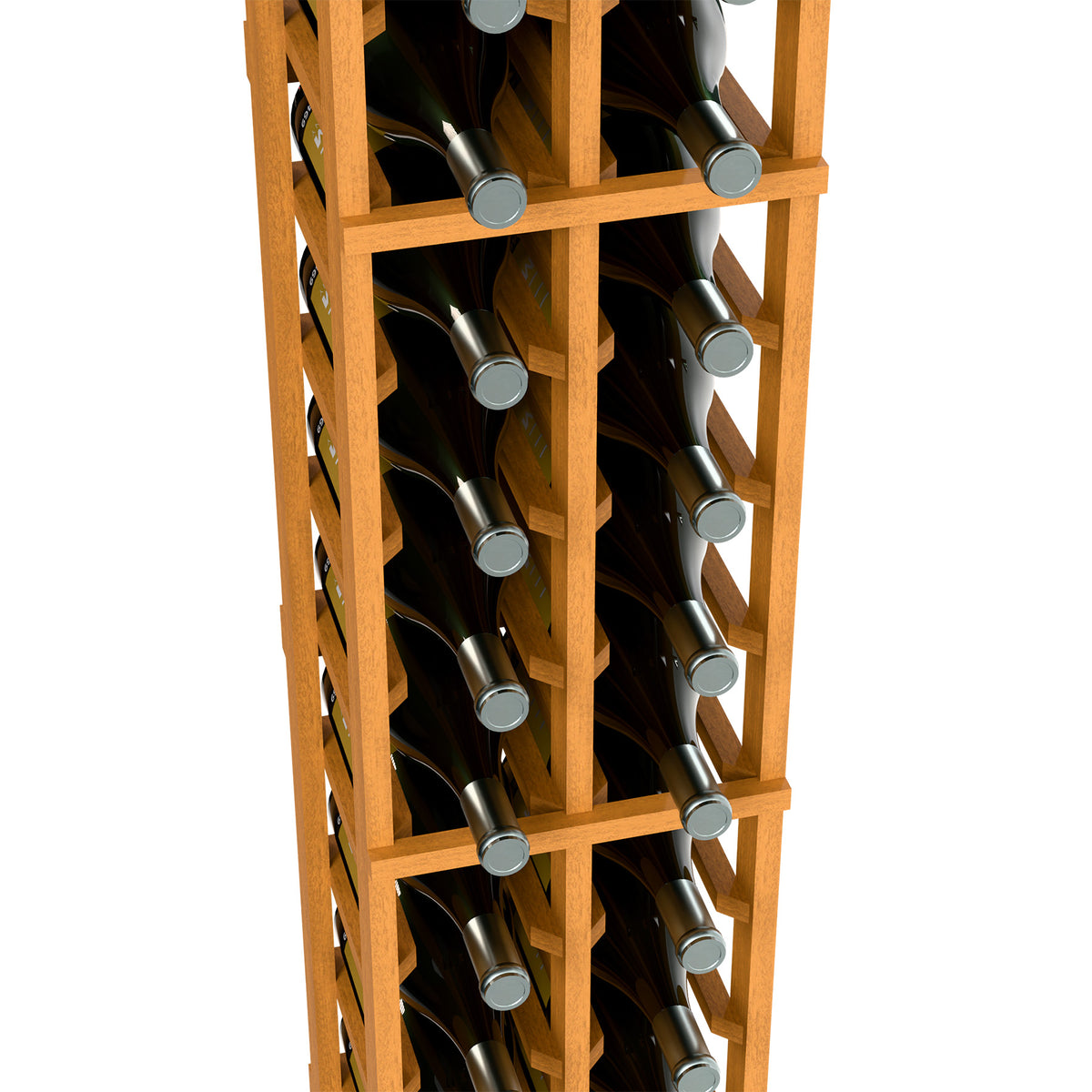 Two-column magnum wine bottle rack close-up, medium wood grid holding magnum bottles