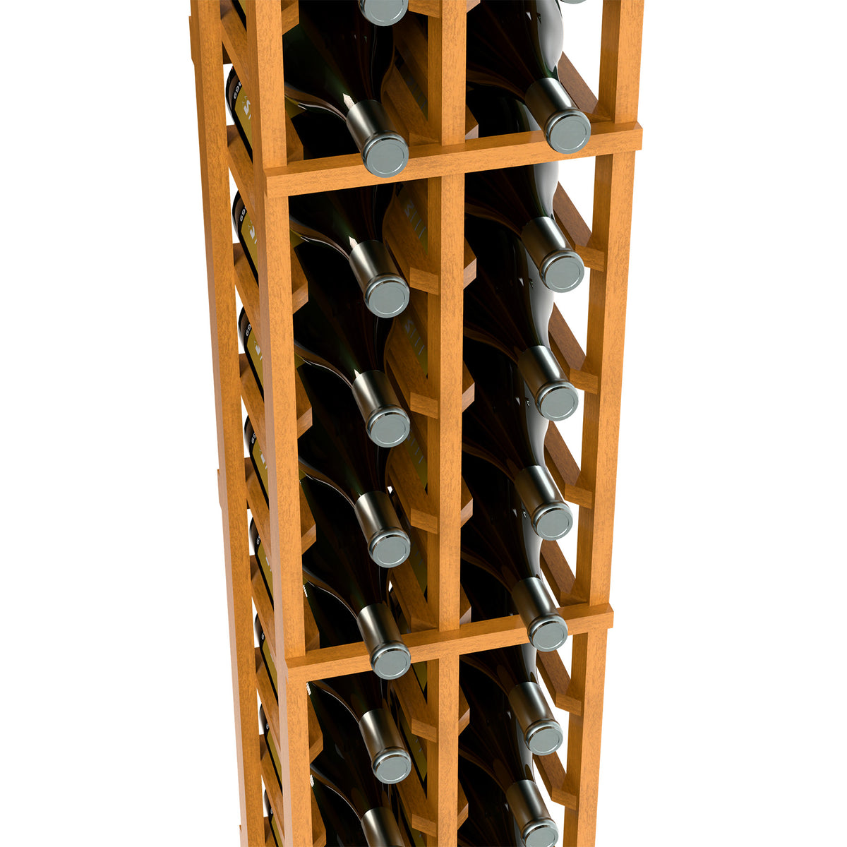 Two-column magnum wine bottle rack close-up, light wood grid holding magnum bottles