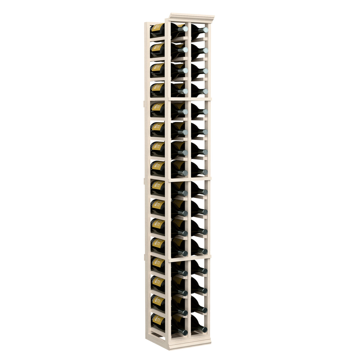 Two-column magnum wine bottle rack, whitewashed wood frame with bottle slots front view