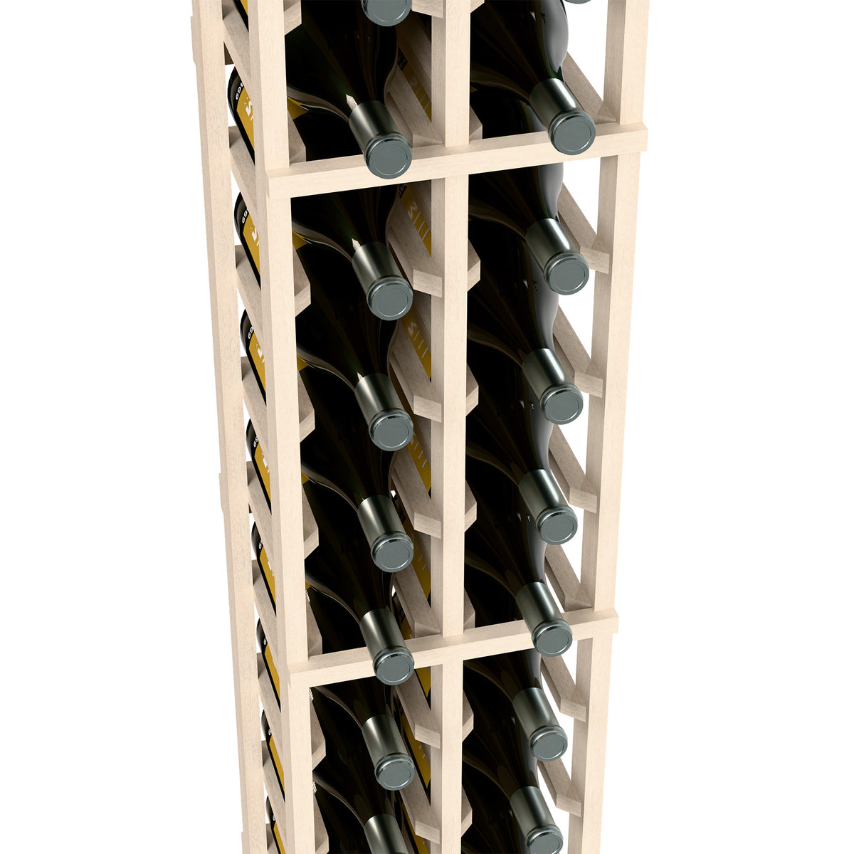 Two-column magnum wine bottle rack close-up, whitewashed wood grid holding magnum bottles