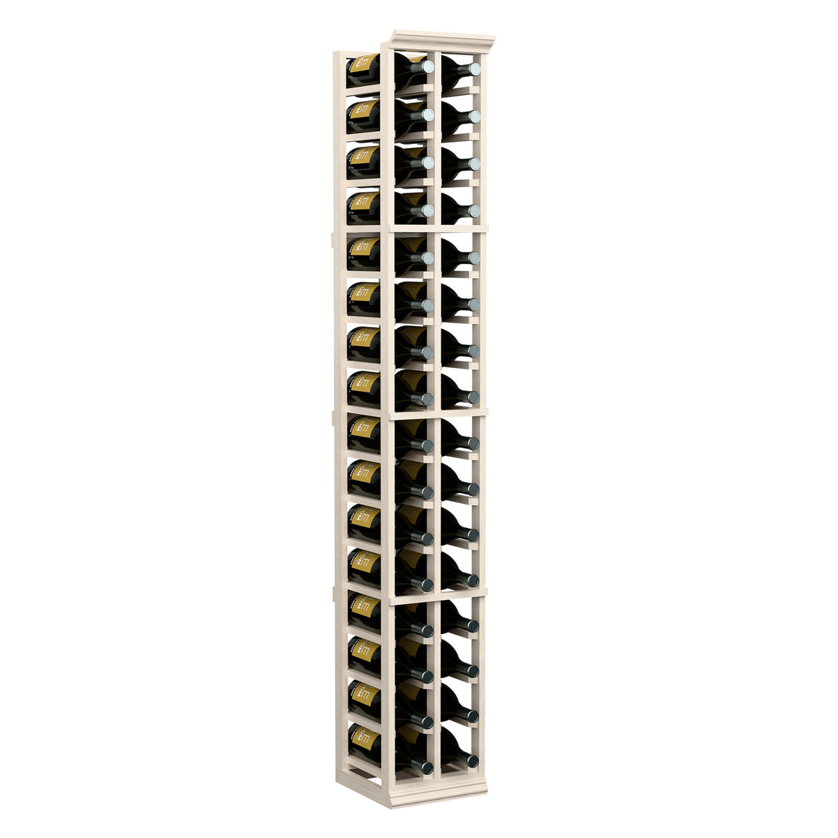 Two-column magnum wine bottle rack, pale white wood frame with bottle slots front view