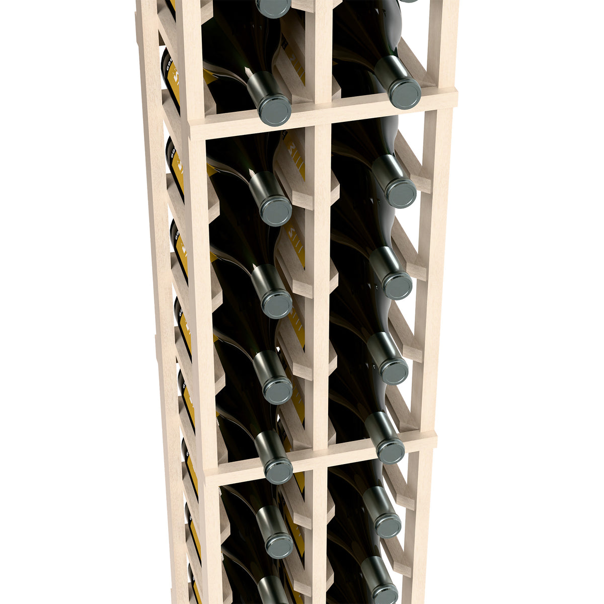 Two-column magnum wine bottle rack close-up, pale white wood grid holding magnum bottles