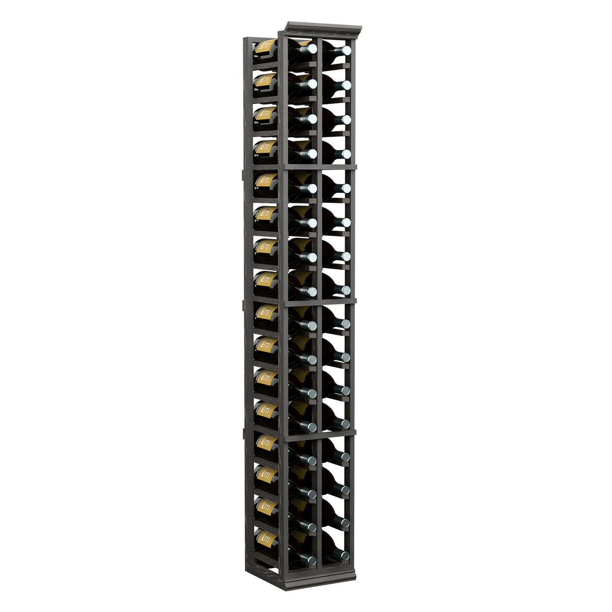 Two-column wine bottle rack with dark wood frame and angled bottle slots