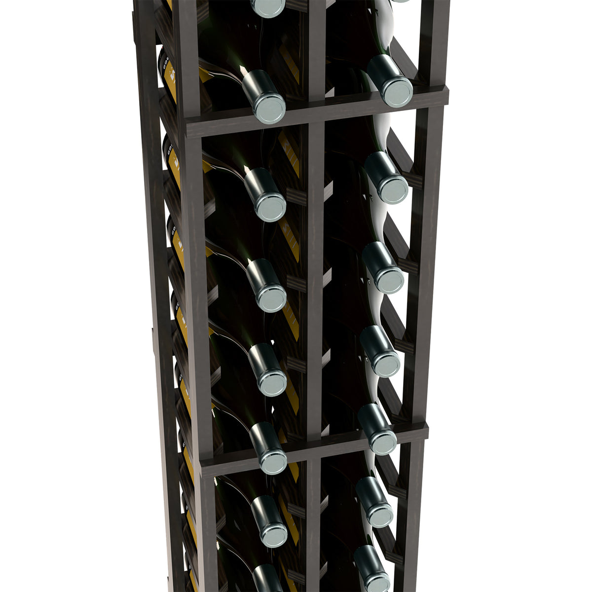 Two-column wine bottle rack close-up of dark frame and bottle bottles in slots