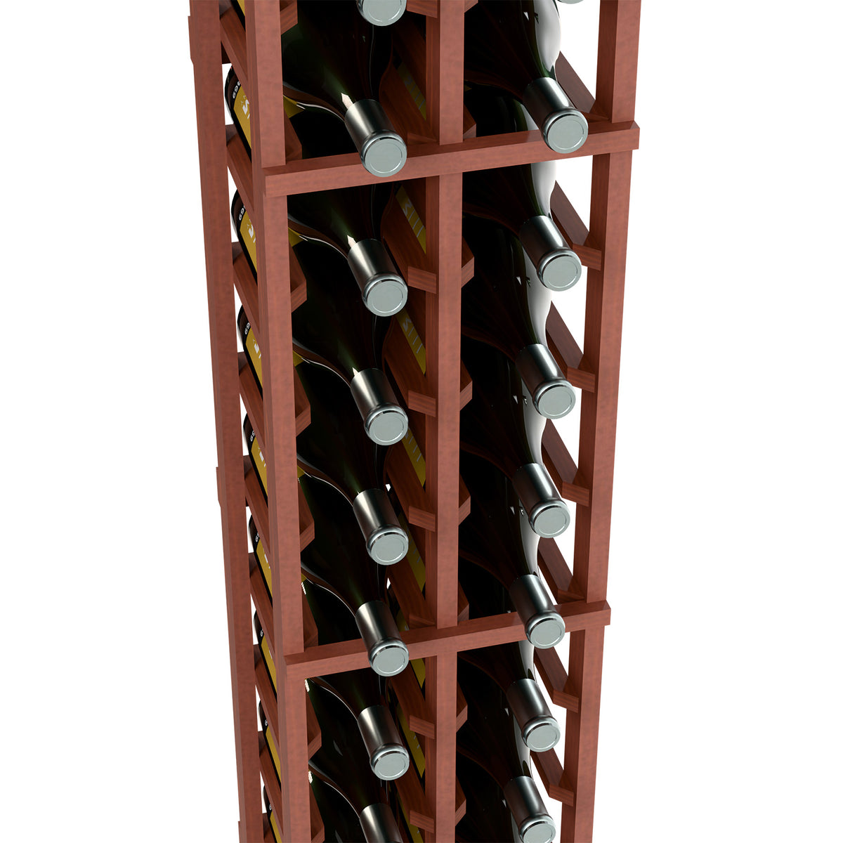 Two-column wine bottle rack close-up showing reddish frame and bottle necks in slots
