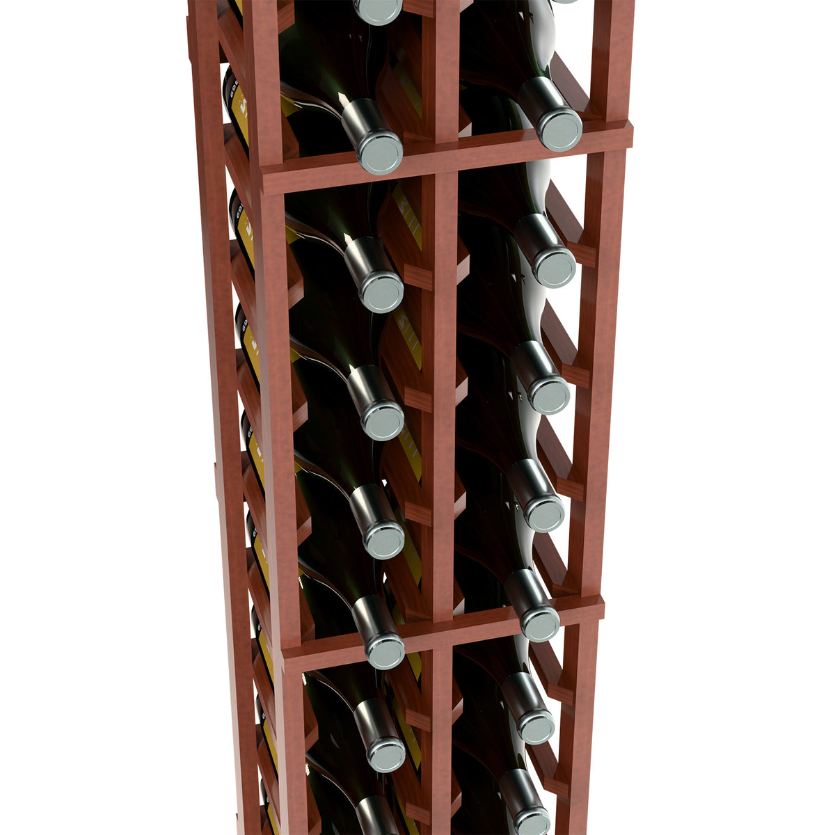 Two-column wine bottle rack close-up of reddish frame and bottle bottles in slots