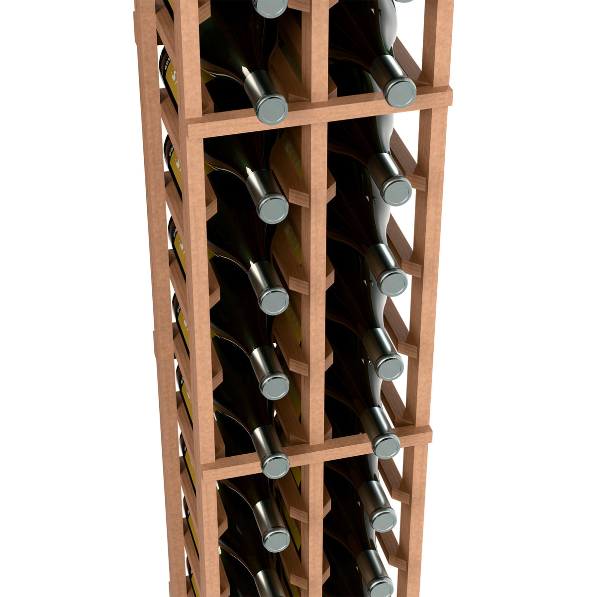 Two-column wine bottle rack close-up showing light wood frame and bottle necks in slots