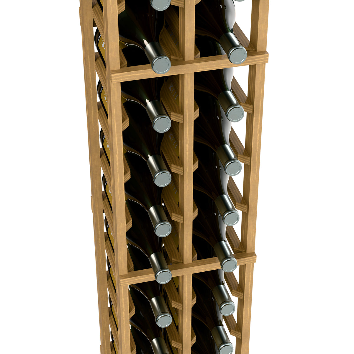 Close-up view of two-column wine magnum rack with wooden grid and bottle cradles
