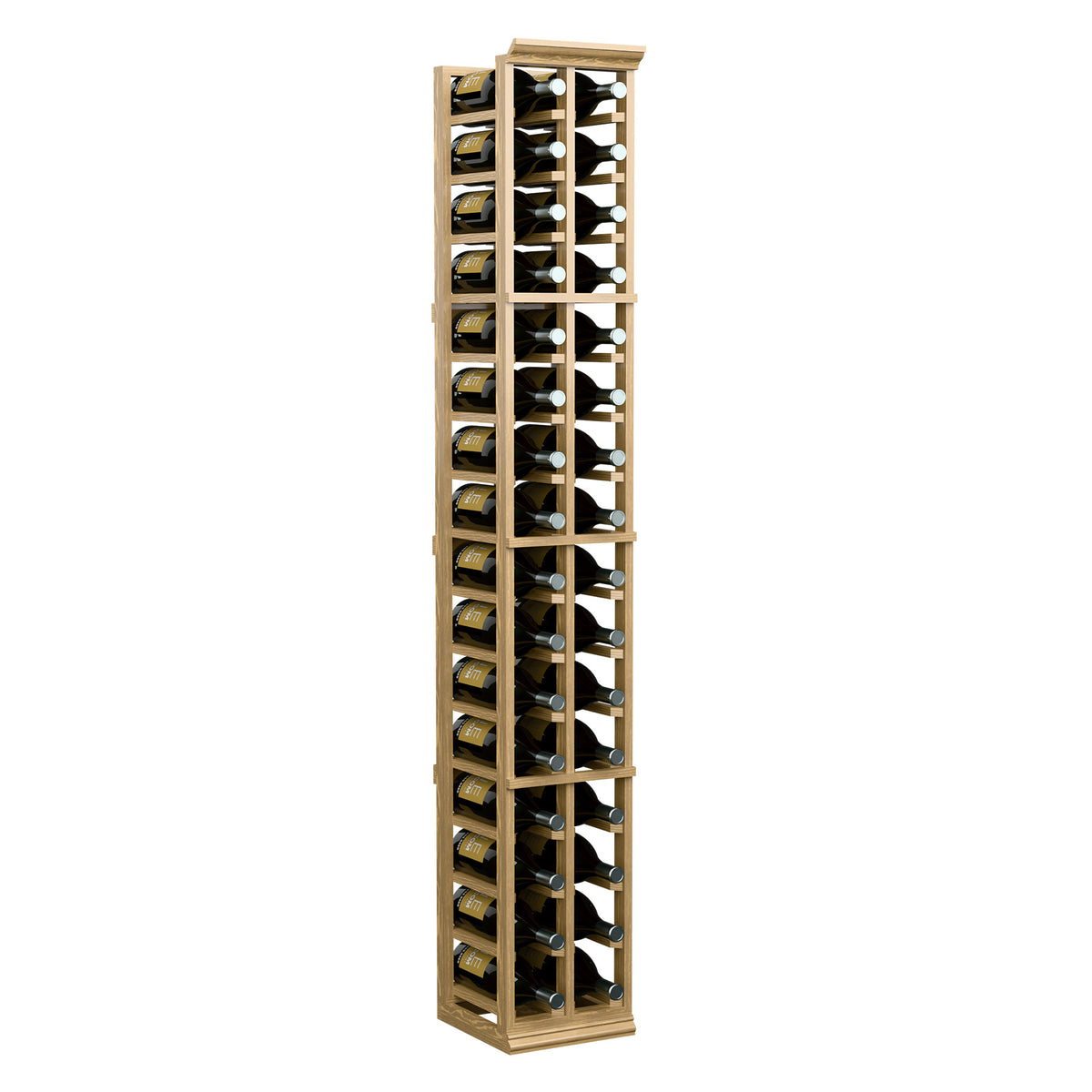 Freestanding two-column wine magnum rack with wooden frame and bottle storage cells