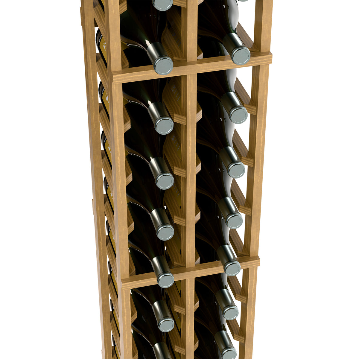 Angle view of two-column wine magnum rack showing wooden slots holding bottles