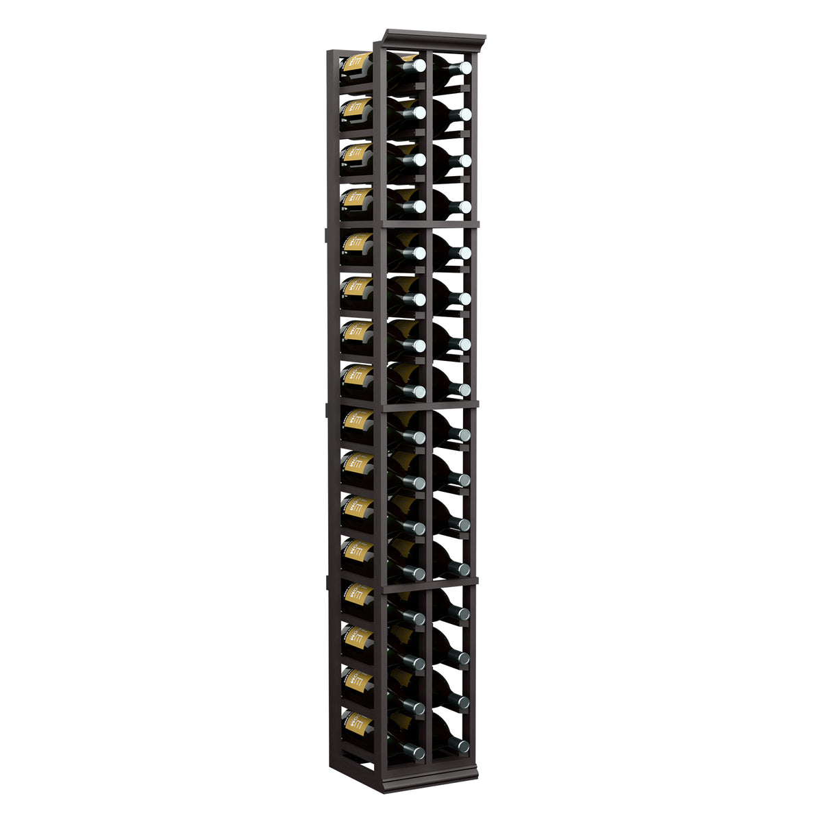 Tall two-column wine magnum rack with dark frame and open bottle slots