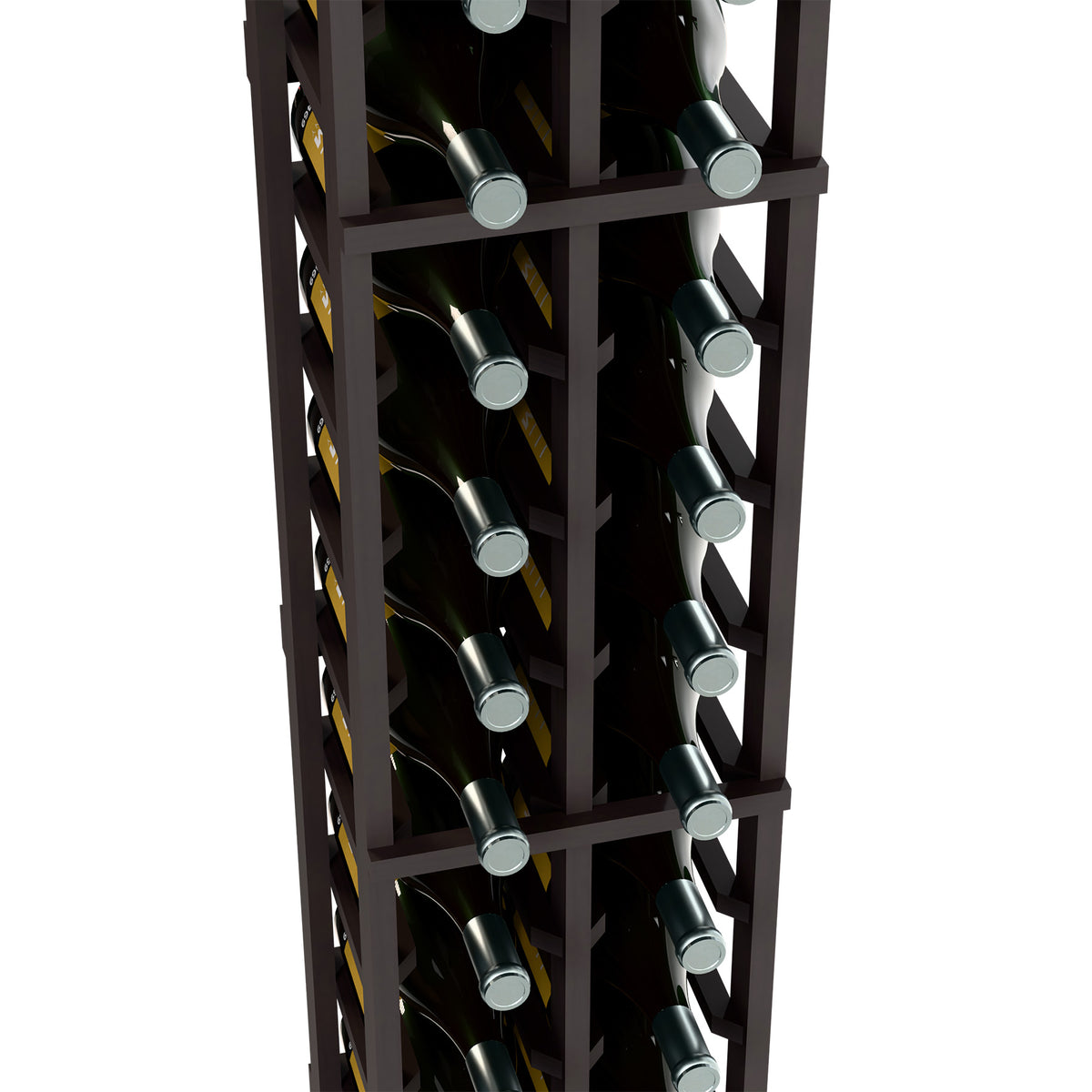 Close-up of dark two-column wine magnum rack with bottle cradles and compartment bars