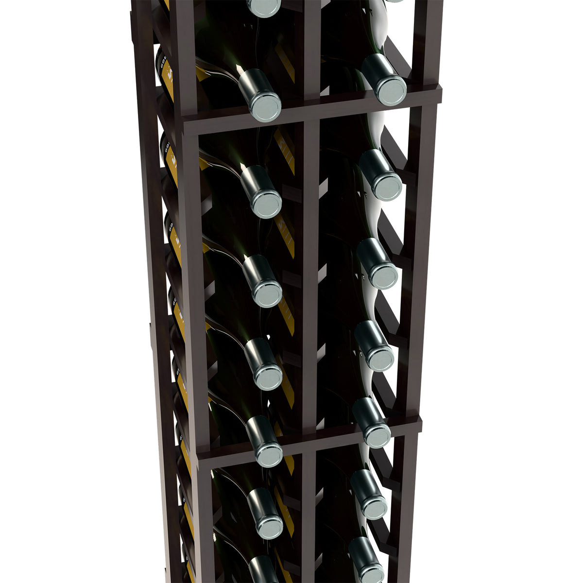 Close angle of dark two-column wine magnum rack showing bottle slots and rests