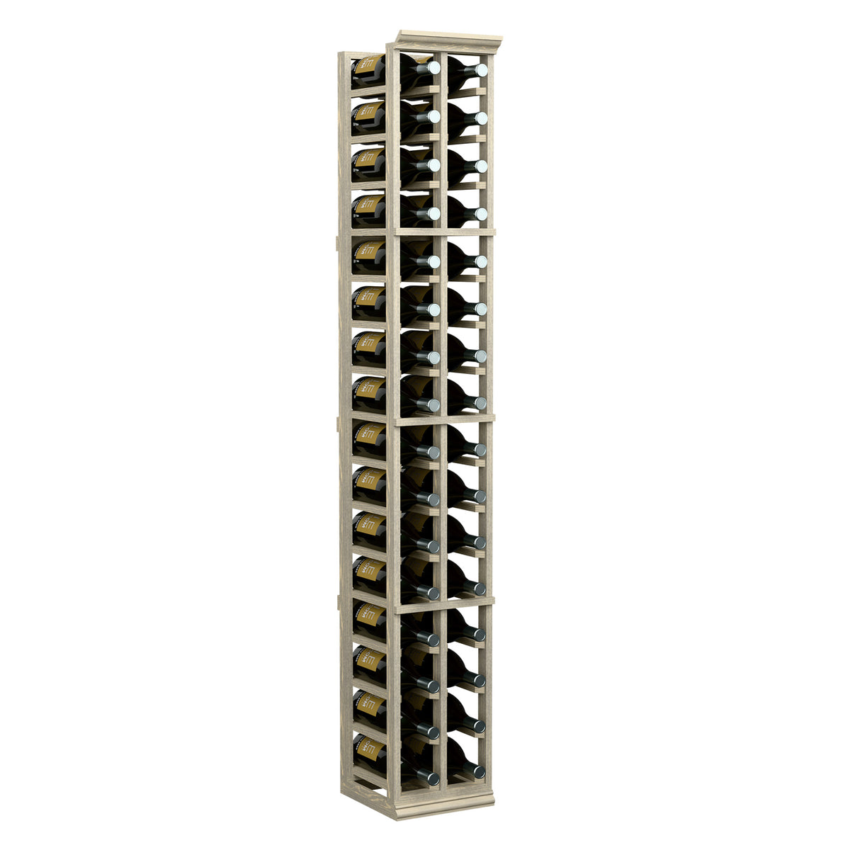 2-column wine bottle rack with light wood frame and grid slots holding bottles