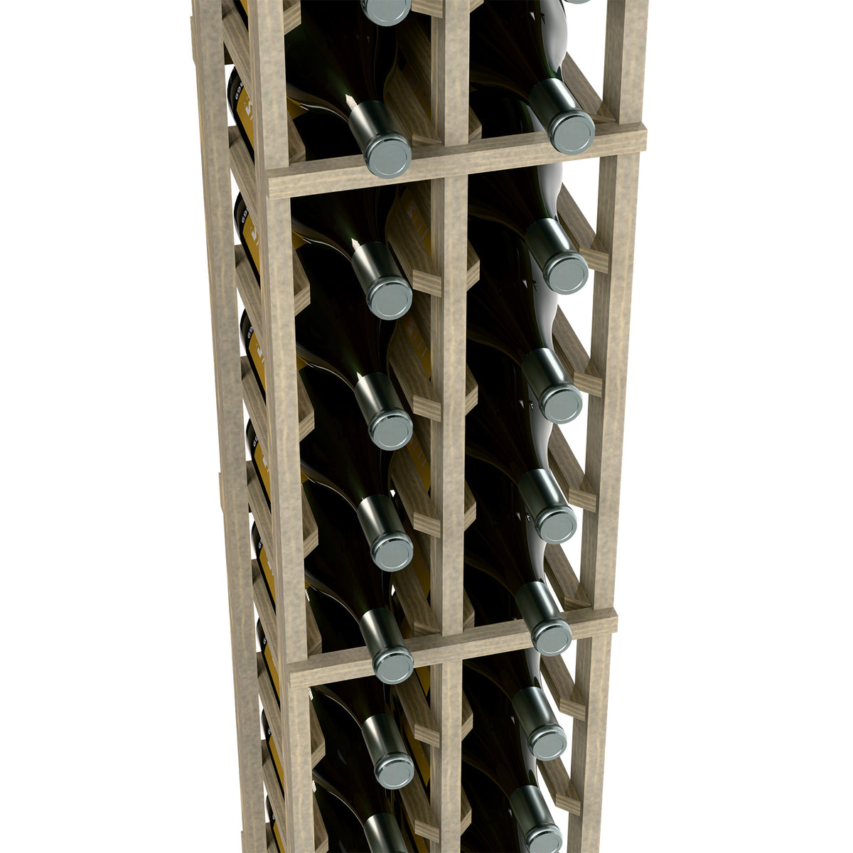 Close-up of 2-column wine bottle rack showing bottle slots and light wood supports