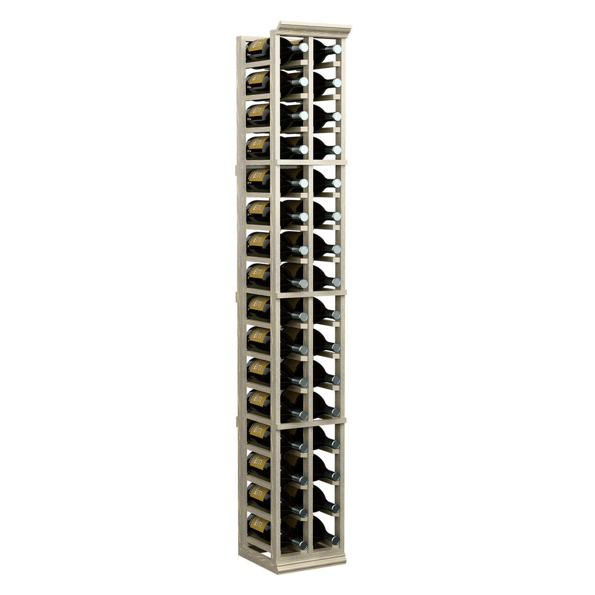 2-column wine bottle rack with light wood frame and full-height bottle compartments