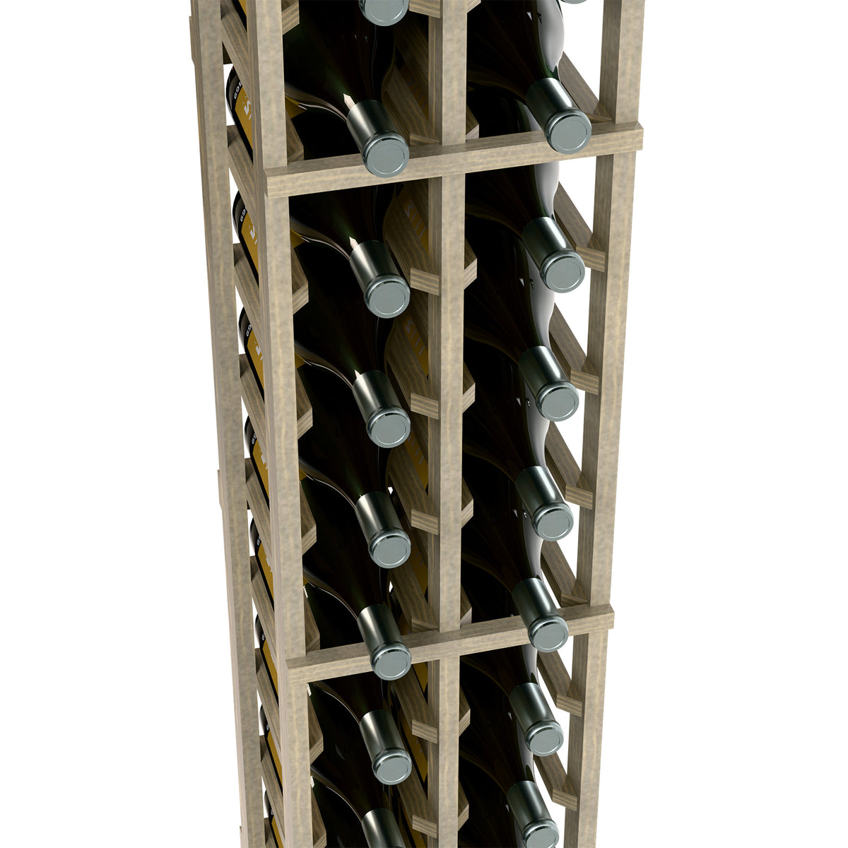 Close-up of 2-column wine bottle rack with bottle necks in individual slots