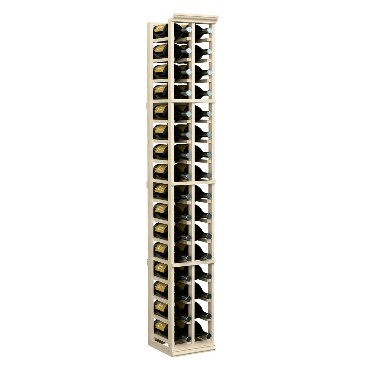 2-column wine bottle rack with pale wood frame and rows of bottle storage