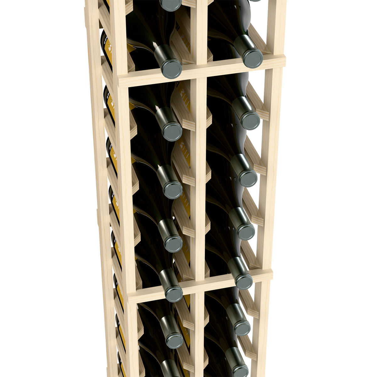 Close-up of pale 2-column wine bottle rack with bottles seated in square slots