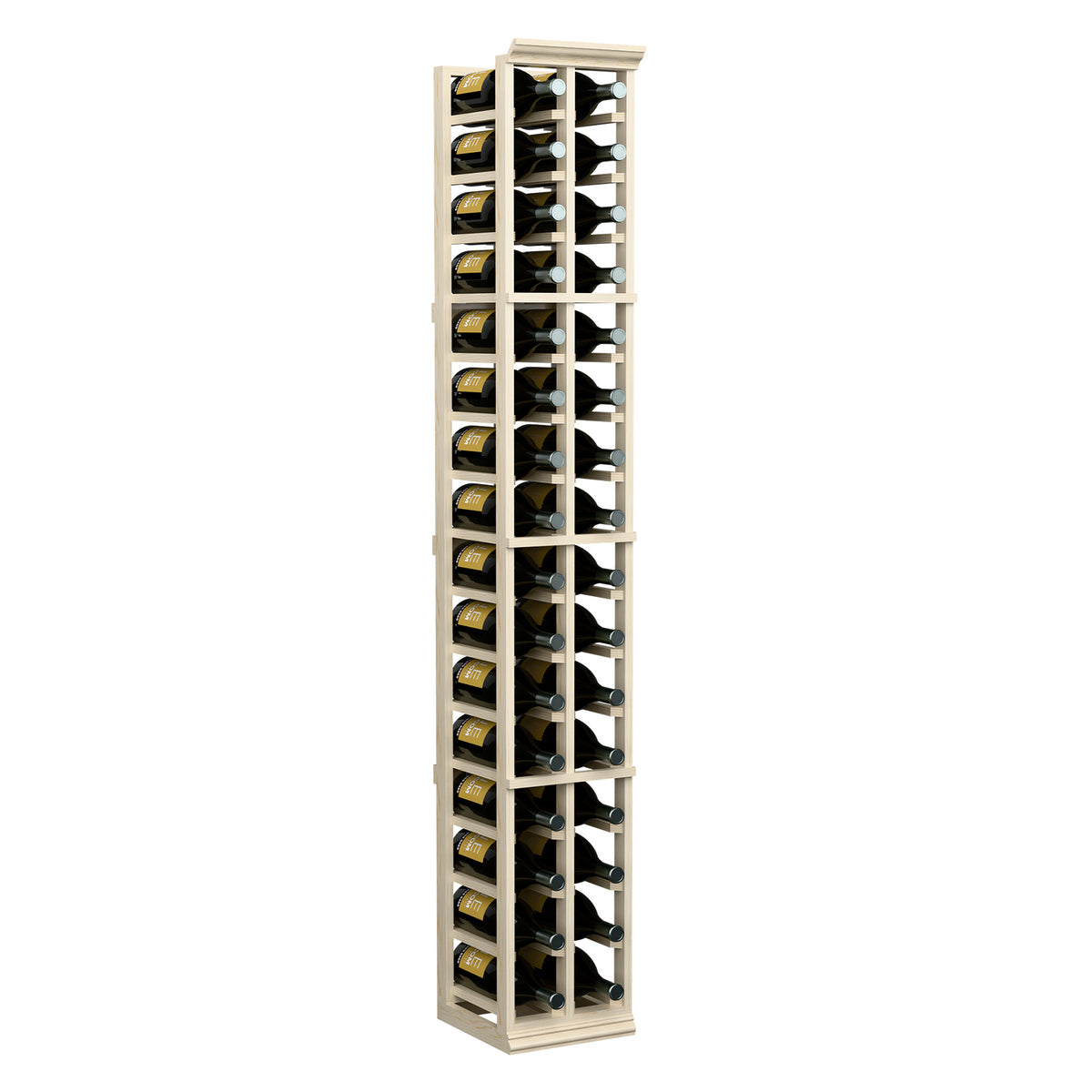 2-column wine bottle rack with light wood frame and bottle compartments along sides
