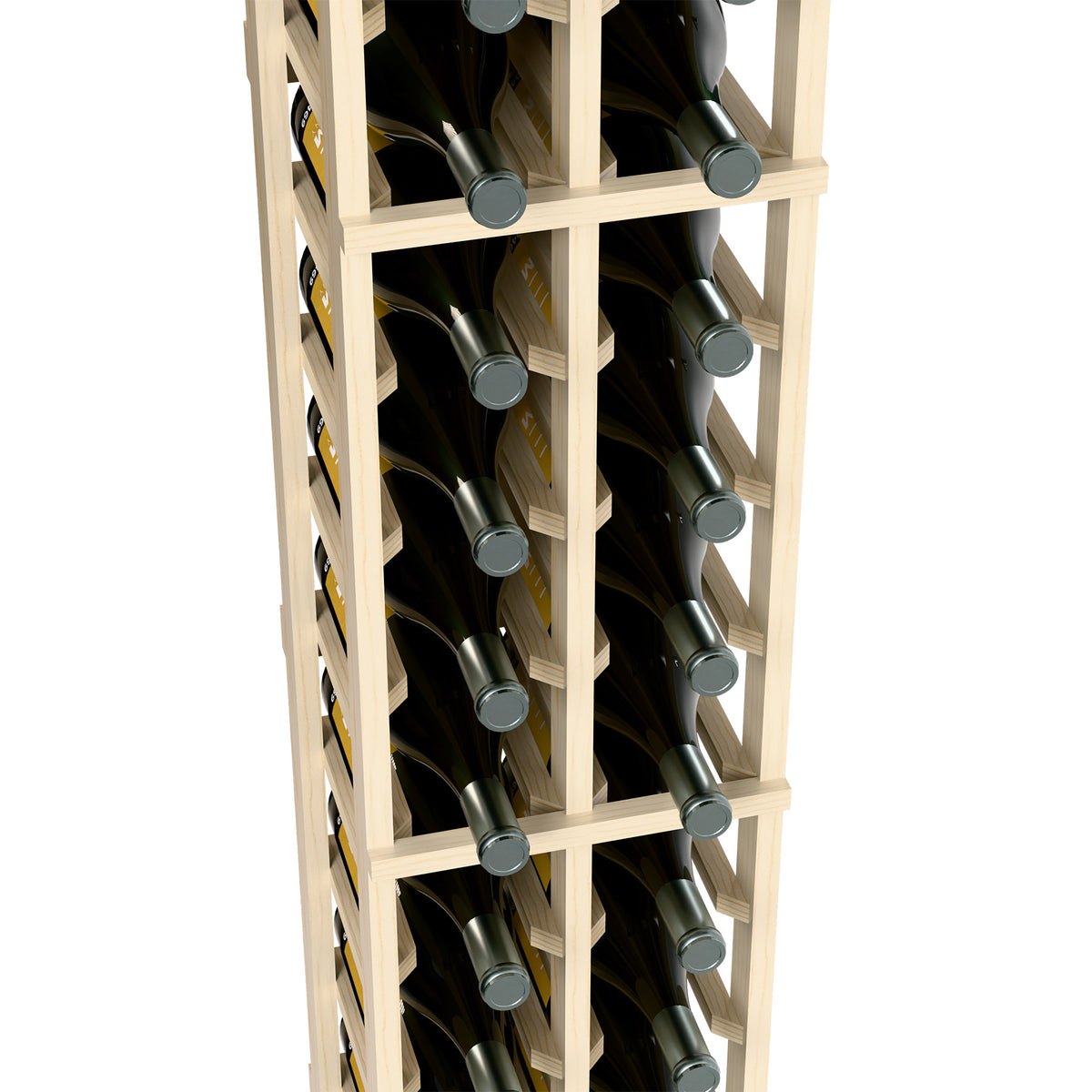 Close-up of 2-column wine bottle rack showing bottles in pale wood grid