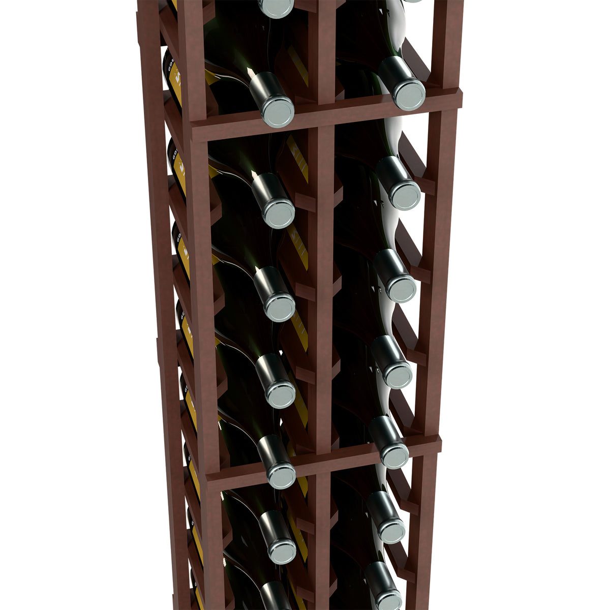 Close-up of dark 2-column wine bottle rack with bottles in individual square slots