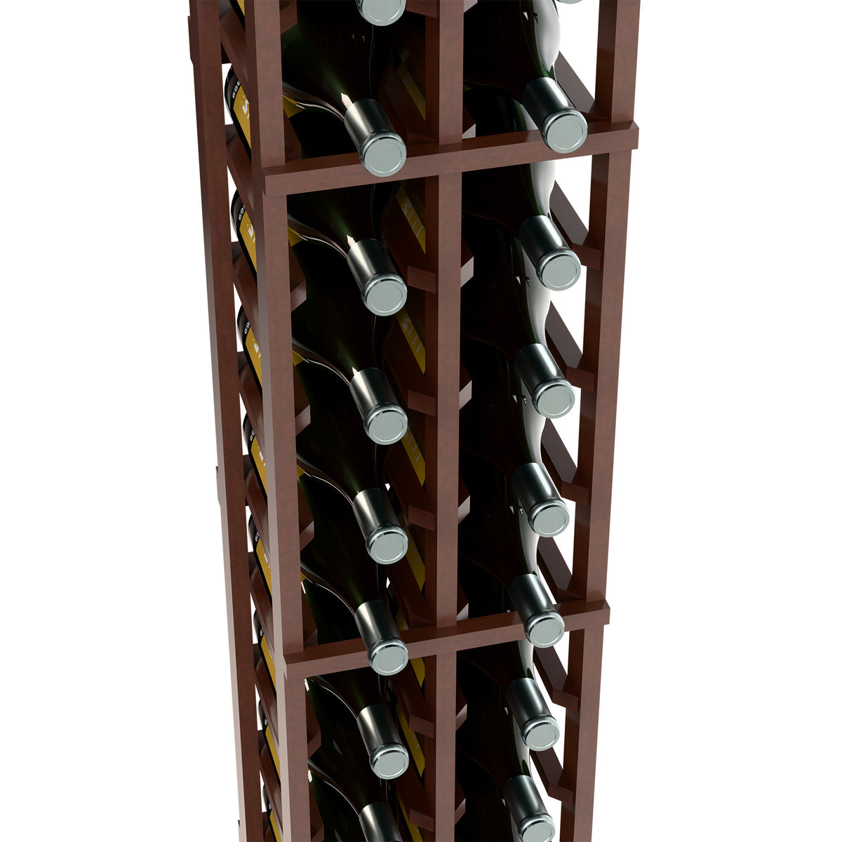 Brown two-column wine magnum rack detail showing bottle neck holders and slots